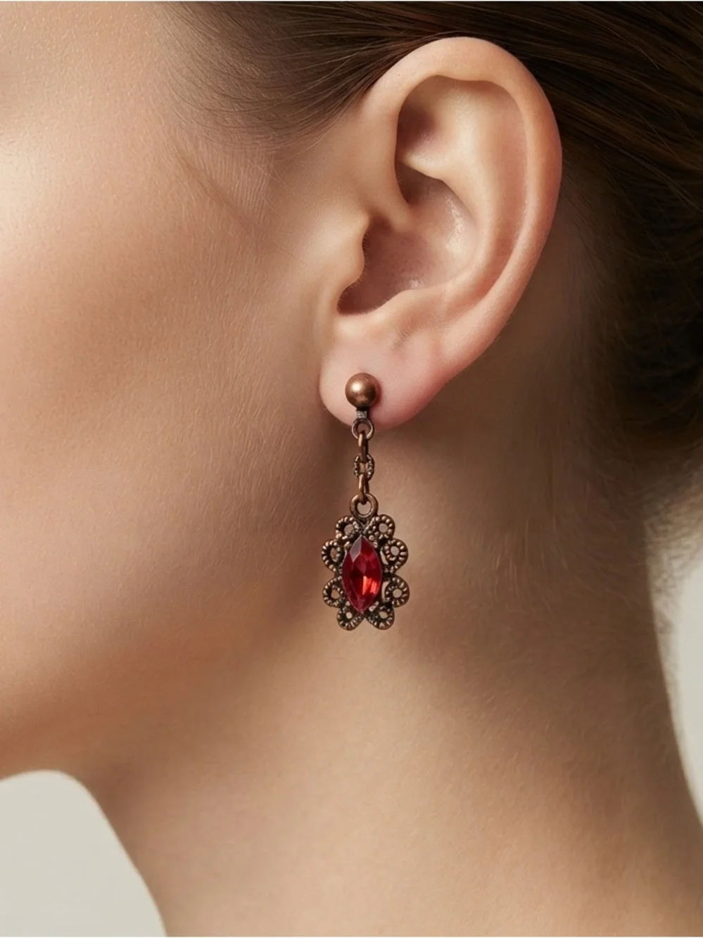Vintage Gothic Dangle Earrings | Copper Tone Red Rhinestone Victorian Earrings